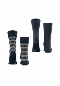 Dunkelblaue Socken, eine mit einem geometrischen Muster in Orange und Hellblau. Rippbündchen; glatte Textur; mit Markenzeichen im Bereich der Zehen.