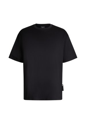 Schwarzes Baumwoll-T-Shirt mit rundem Halsausschnitt, kurzen Ärmeln und lockerer Passform. Enthält ein kleines Logotag auf der linken Seite.