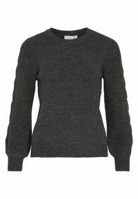 Pull en maille gris foncé avec un col rond, un motif texturé et des manches bouffantes se terminant par des poignets ajustés. Coupe classique.