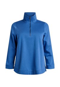 Blauer Pullover mit hohem Kragen, Viertelreißverschluss, langen Ärmeln und seitlichen Schlitzen am Saum. Weiches, strukturiertes Material mit glatter Oberfläche.