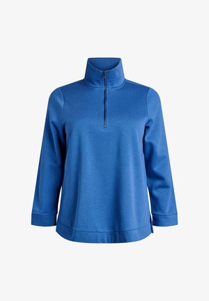 Pullover blu con colletto alto, chiusura a zip fino a un quarto, maniche lunghe e spacchetti ai lati dell'orlo. Tessuto morbido e testurizzato con una finitura liscia.