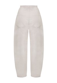 Hoge taille, lichtgrijze broek met een losse pasvorm, voorzien van twee achterzakken en een gladde textuur. Minimalistisch ontwerp zonder versieringen.