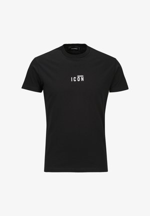 Schwarzes Baumwoll-T-Shirt mit Rundhalsausschnitt, kurzen Ärmeln und einem weißen "ICON"-Aufdruck auf der Vorderseite. Glatte Textur.