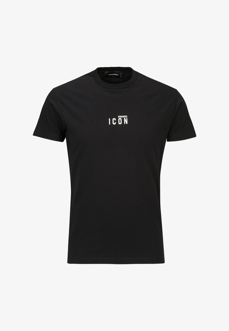 Schwarzes Baumwoll-T-Shirt mit Rundhalsausschnitt, kurzen Ärmeln und einem weißen "ICON"-Aufdruck auf der Vorderseite. Glatte Textur.