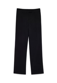 Melnas bikses ar taisnu kāju dizainu, izgatavotas no gludas auduma, ar standarta jostasvietu un bez redzamām rakstām vai akcentiem.