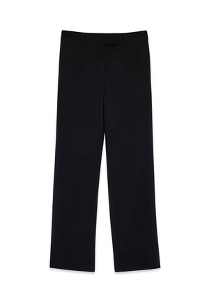 Pantaloni neri con design a gamba dritta, realizzati in un tessuto morbido, dotati di una vita standard e privi di motivi o accenti visibili.