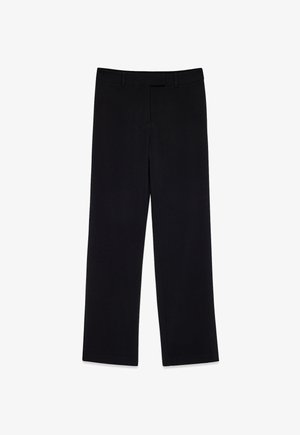 Čierne nohavice s rovnými nohavicami, vyrobené z hladkej tkaniny, s klasickým pásom a bez viditeľných vzorov alebo akcentov.