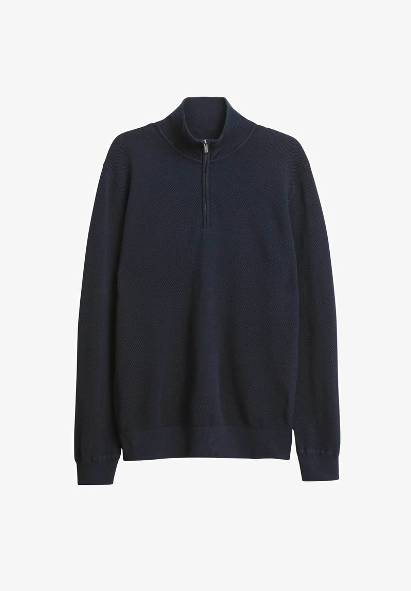 Navy Pullover-Pullover mit einem halben Reißverschluss-Kragen, gestrickter Textur, langen Ärmeln und gerippten Bündchen und Saum. Glatte Stoffoberfläche und leichtes Design.