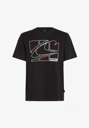 Black cotton T-shirt featuring a large, abstract logo design in light blue and peach, with short sleeves and a crew neckline.