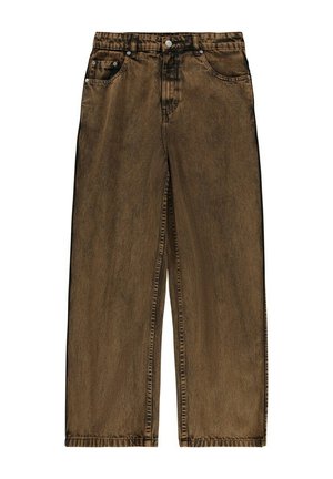 Bruna vida jeans i denim med en blekt textur. Har framfickor, bältesöglor och en knappgylf.