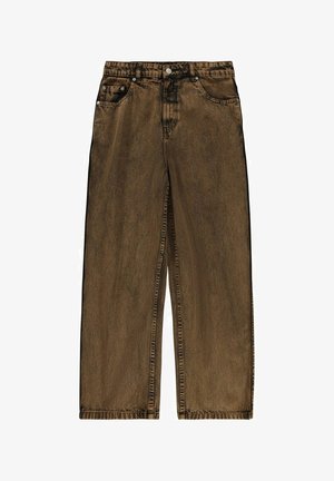 Hnědé široké džíny z denimu s vybledlou texturou. Mají přední kapsy, poutka na pás a knoflíkový zip.