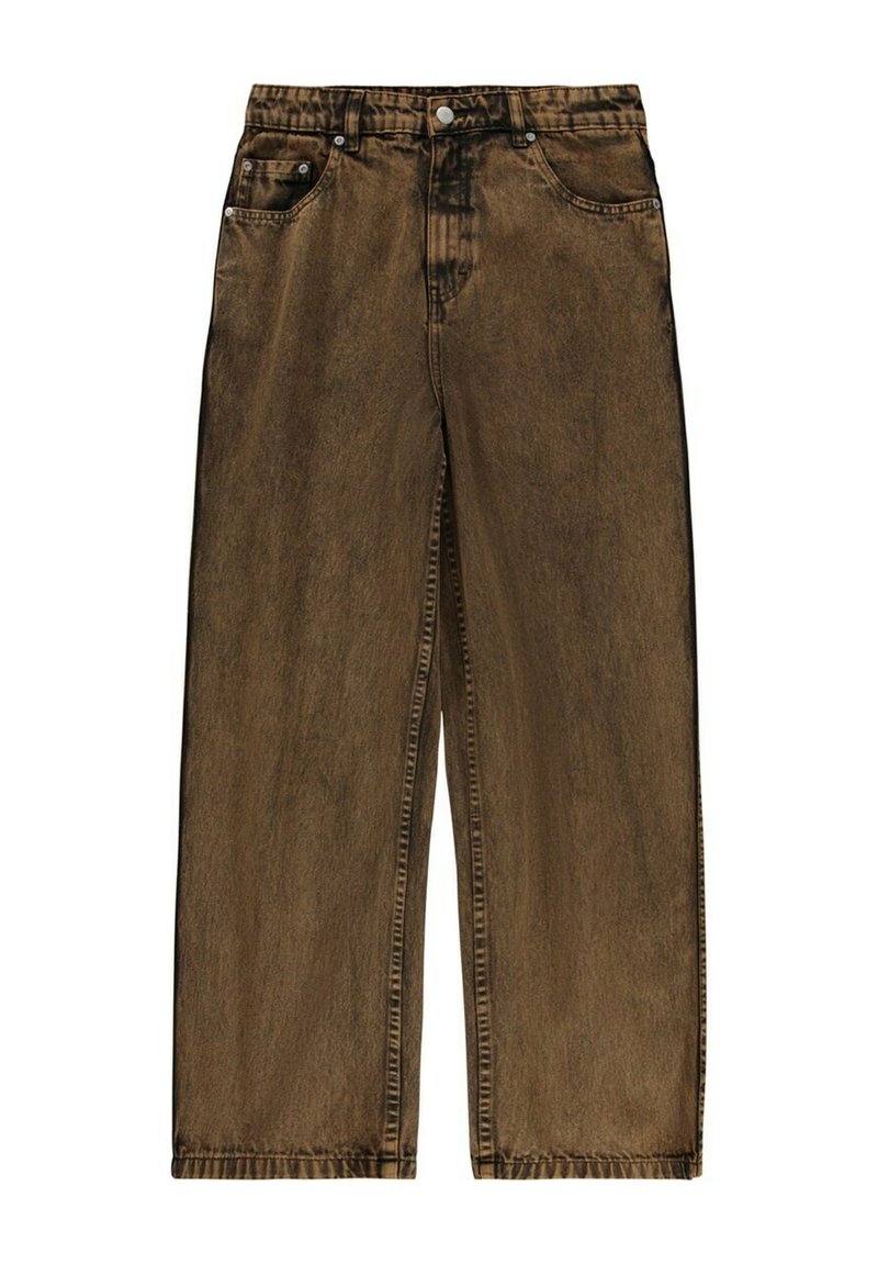 Hnědé široké džíny z denimu s vybledlou texturou. Mají přední kapsy, poutka na pás a knoflíkový zip.