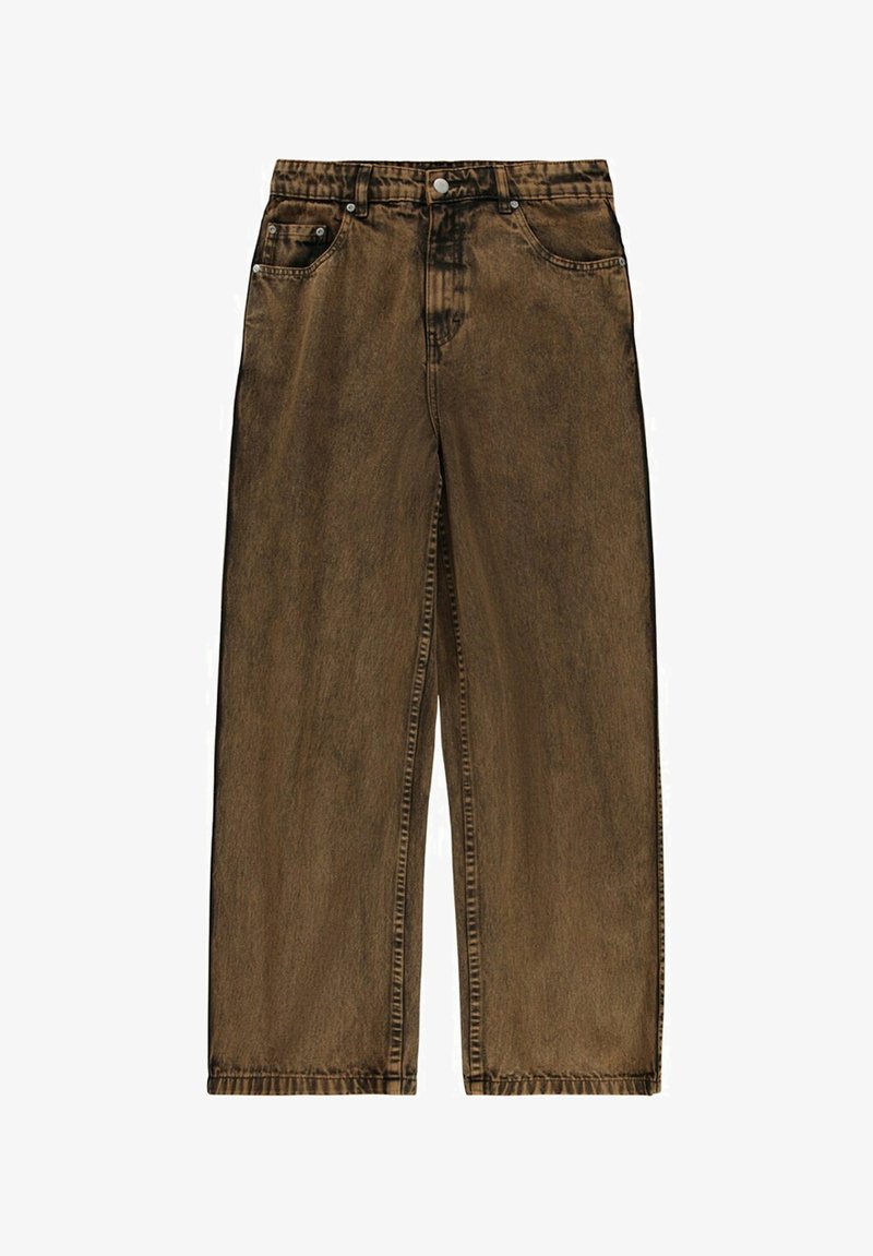 Bruna vida jeans i denim med en blekt textur. Har framfickor, bältesöglor och en knappgylf.