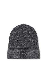 Ciemnoszara dziergana czapka beanie z podwiniętym mankietem i czarnym logo "DKNY" na środku mankietu.
