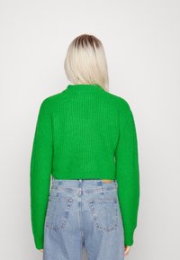 Zkrácený zelený pletený svetr s texturovaným vzorem, zkombinovaný s vysokými světle modrými džíny. Zadní pohled ukazuje dlouhé rukávy.
