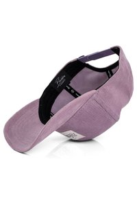 Purple corduroy cap with a curved visor, featuring a black interior and an adjustable strap at the back. Visible brand label detail on the side.
