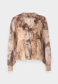 Langermet bluse med slangeskinnmønster i nyanser av beige og brunt, med en volang foran og samlet ermer. Mykt, lett stoff.