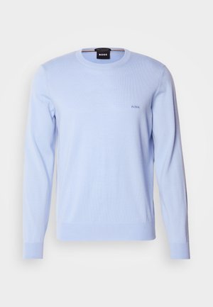 Heled sinine kampsun, mis on valmistatud pehmest kangast, pikkade varrukatega, ümar kaelus ning rinnal väike broderitud logo.