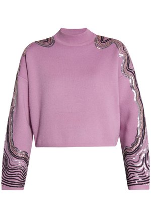 Pink cropped sweater in soft knit fabric, featuring a ribbed high neck and wave-patterned sequin accents along the sleeves.