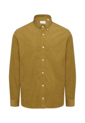 Dzeltenbrūnas pogas krekls, kas izgatavots no teksturētas auduma. Tam ir izklāta apkakle un vertikālas svītras. Garas piedurknes ar pogu aprocēm.