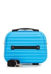 Blauer Hartschalen-Transportbeutel mit gerippter Textur, schwarzem Akzentgurt und einem oberen Griff. Verfügt über eine elegante rechteckige Form und robustes Zubehör.