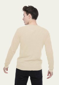Pull beige à col rond avec des manches longues, fabriqué à partir d'un matériau souple et texturé. Design ajusté présenté de dos sur un fond clair.