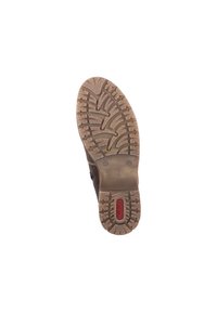 Semelle de botte en caoutchouc marron avec un motif de tige texturé. Dotée d'un bord lisse et arrondi, et marquée d'un logo rouge. Taille 37 indiquée.