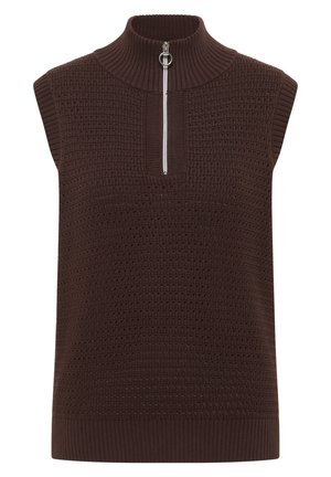 Gilet sans manches en maille marron foncé avec col montant côtelé et fermeture éclair argentée munie d'un tire-zip rond au centre avant.