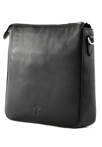 Borsa a spalla in pelle nera con texture liscia, forma rettangolare e una zip superiore. Presenta un design goffrato sottile sul fronte.