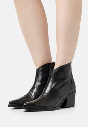 Bottines en cuir noir avec des pointes effilées, des côtés bas, des coutures décoratives et un talon épais. Texture lisse avec une finition brillante.