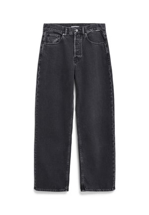 Jeans in denim nero con design a gamba dritta, dotati di tasche frontali, chiusura con bottone e leggere sfumature sul tessuto.