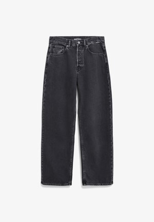 Jeans in denim nero con design a gamba dritta, dotati di tasche frontali, chiusura con bottone e leggere sfumature sul tessuto.