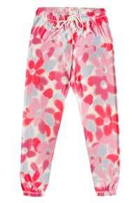 Pantalon lounge floral en tissu doux, avec un motif rose, rouge et bleu clair, doté d'une taille élastique et de chevilles resserrées.