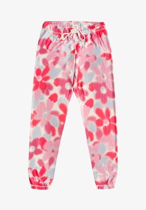 Pantalones de salón con estampado floral en tela suave, con un patrón en tonos rosa, rojo y azul claro, y cintura y puños en los tobillos elásticos.