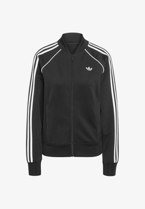 Black zip-up sweatshirt made of fabric with ribbed cuffs and hem. Features white accent stripes on shoulders and sides; logo on chest.