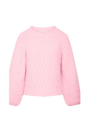 Vaaleanpunainen neulottu villapaita, jossa on pitkät hihat ja hienovarainen palmikkoneulekuvio, pyöreä pääntie sekä Morgan-merkkilappu.