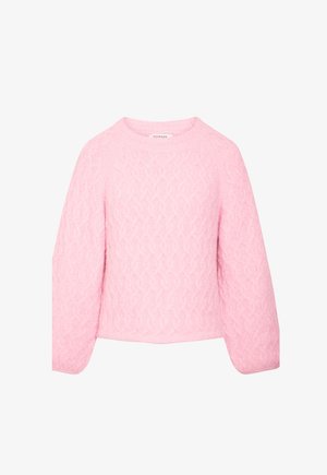 Pull rose en tricot avec manches longues et un subtil motif torsadé, doté d'un col rond et d'une étiquette de la marque Morgan.