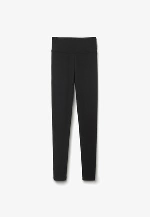 Schwarze gerippte Leggings aus dehnbarem Stoff, mit einem breiten Taillenbund und einem schlanken Design, das sich an den Knöcheln verjüngt.