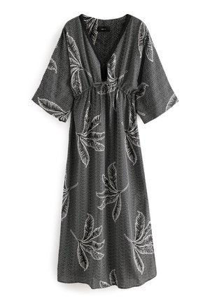 Schwarz-weißes Kleid mit V-Ausschnitt, kurzen Ärmeln, tailliert und einem Blattmuster auf strukturiertem Stoff.