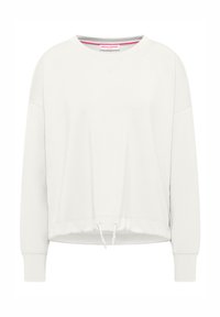 Lichtgrijze sweatshirt met een ronde halslijn, verlaagde schouders en een verstelbare koordjes aan de onderkant. Zachte textuur met een subtiele merkdetail.
