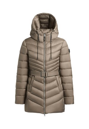 Nafouknutá béžová zimní bunda s kapucí, páskem v pase, vzorem v chevronu a s předním zipem; má stahovací šňůrky na kapuci.