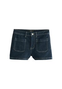 Donkerblauwe denim shorts met een klassieke snit, voorzien van twee achterzakken, zichtbare stitching en een sluiting met een knoop aan de voorkant.