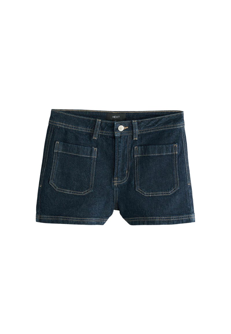 Donkerblauwe denim shorts met een klassieke snit, voorzien van twee achterzakken, zichtbare stitching en een sluiting met een knoop aan de voorkant.