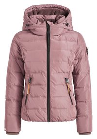 Vadderad jacka i dammig ros med dragkedja fram, justerbar huva, sidofickor med dragkedja och ribbade avslut. Slät textur med horisontell sömnad.
