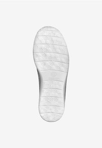 Sohle eines Schuhs aus einem weißen Gummimaterial, mit einem strukturierten Muster aus hexagonalen Formen und kreisförmigen Punkten für besseren Halt.