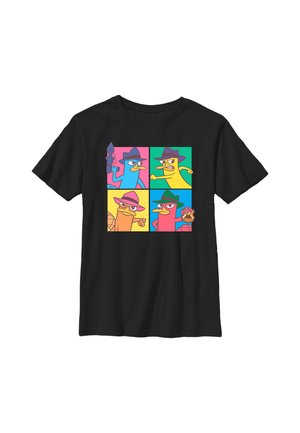 Sort t-shirt med farverige tegneserie-ornitorrin karakterer i fire firkanter, hver med hatte og forskellige positurer.