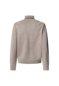 Pull gris avec un col haut, des manches longues et une texture tricotée. Présente un ourlet et des poignets côtelés, affichant la vue arrière.