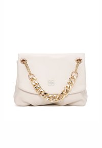 Cream leather handbag with a large gold chain strap and a small embossed logo on the front center.