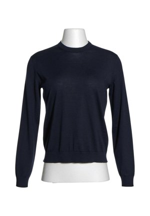 Pull bleu marine à manches longues avec col rond, présenté sur un mannequin buste blanc, uni avec bord-côtes aux poignets et à l'ourlet.