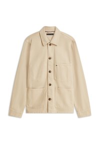 Beige Canvasjacke mit Kragen, durchgehender Knopfleiste, zwei großen Fronttaschen und einer kleinen Brusttasche.